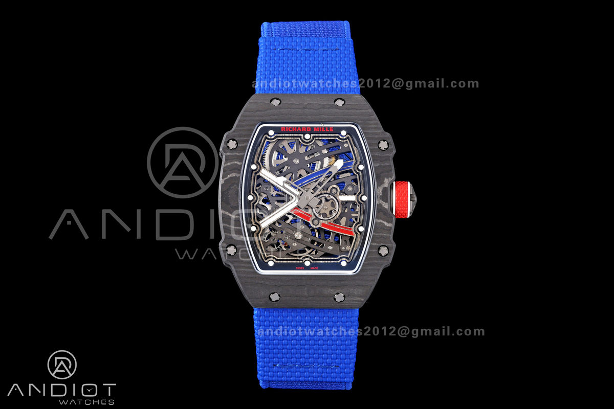 RICH Maker's 1:1 RM67-02 Black NTPT France Blue/Red/White Skeleton Dial CRMA7 Super Clone Pro V2
